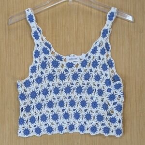 Willow + Root Boho Indie Peasant Floral Crochet Crop Top Tank XS Blue Concert